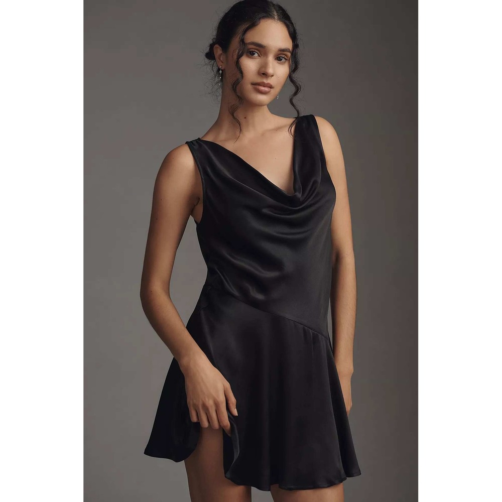 Anthropologie Black Satin Cowl Neck Mini Dress
